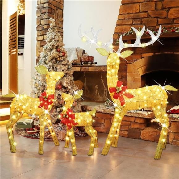Set of 3 Pre-lit Golden Reindeer with 210 LEDs Warm White Lights - Picture 5 of 7